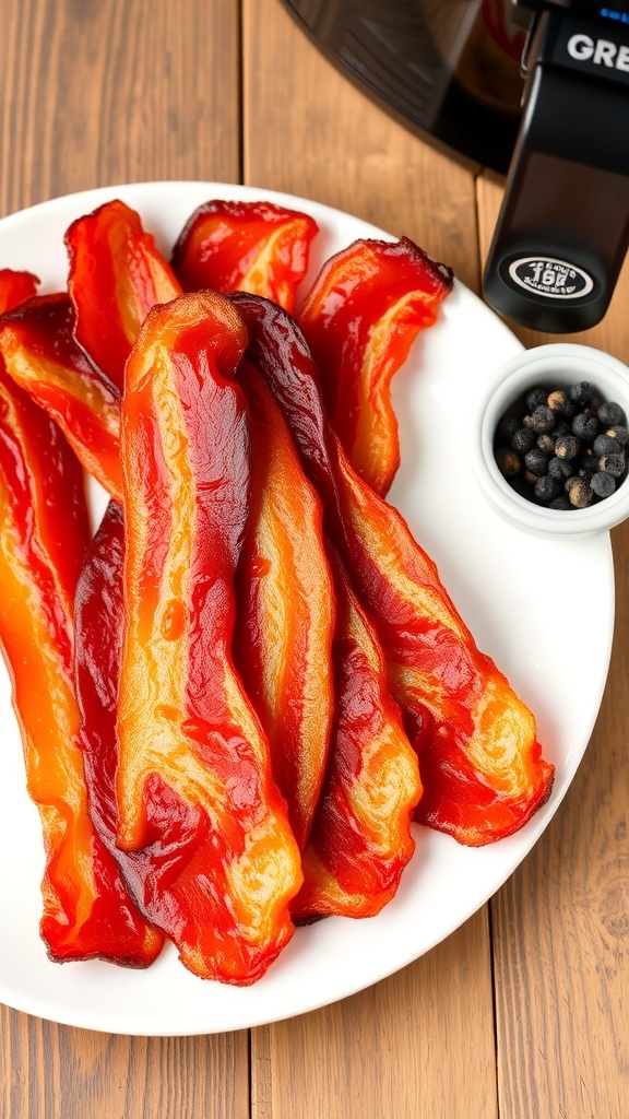 Crispy Air Fryer Bacon Recipe Crispy air fryer bacon strips on a white plate with a rustic wooden background.